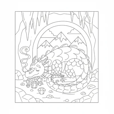 A dragon sleeping in a mountain cave, curled around a small pile of gems, smoke coloring page