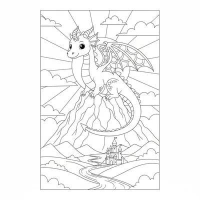 A dragon surveying a kingdom from a mountain summit, wings folded, tail draped coloring page