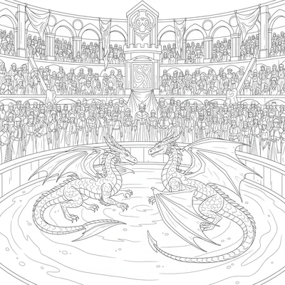 A dragon tournament in a fantasy arena, two young dragons circling each other coloring page