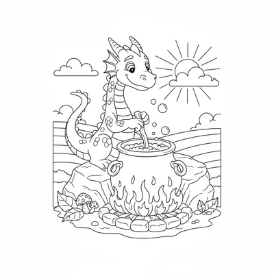 A dragon using its tail to stir a huge cauldron of soup, sitting beside it coloring page