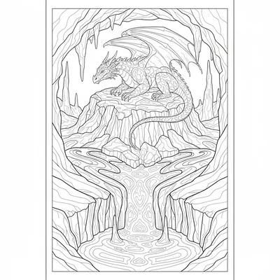 A dragon volcano lair with the dragon coiled on a platform of solidified lava coloring page