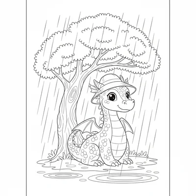 A dragon wearing a large wide-brimmed hat to keep off the rain, sitting under coloring page