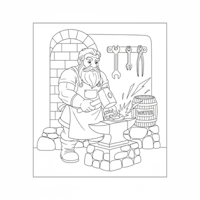 A dwarf blacksmith at a small forge hammering a glowing horseshoe on an anvil coloring page