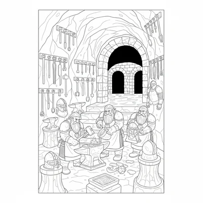 A dwarven forge deep underground with multiple anvils, glowing crucibles coloring page