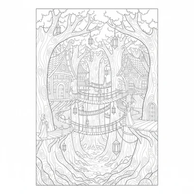 An elven woodland city built in the canopy of enormous trees, with walkways coloring page