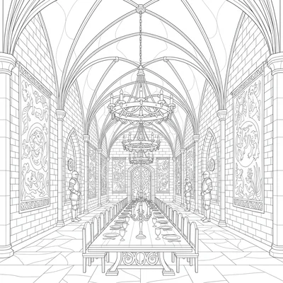 An enchanted castle interior grand hall with vaulted ceilings, tapestries coloring page