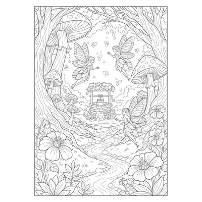 An enchanted forest glade where fairies in flower petal dresses and fireflies coloring page