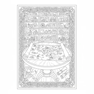 An enchanted map room with a circular table holding a large glowing map coloring page