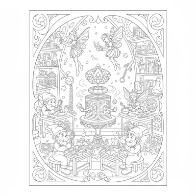 An enchanted music box atelier where tiny gnomes in overalls and fairies coloring page