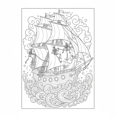A enchanted sailing ship crewed by animated skeleton coloring page