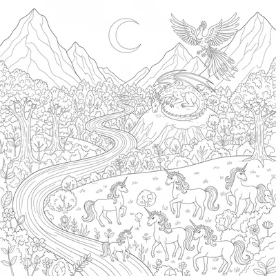 An enchanted valley seen from above, with a winding river catching moonlight coloring page