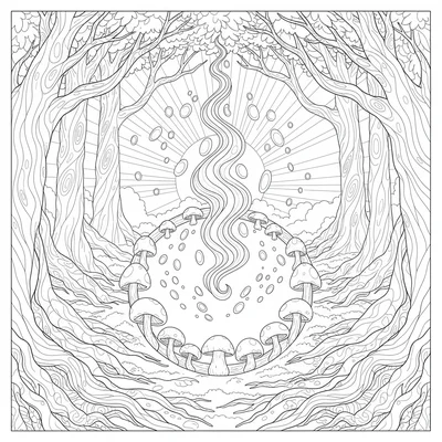 A faerie ring portal in an ancient forest at dusk, glowing coloring page