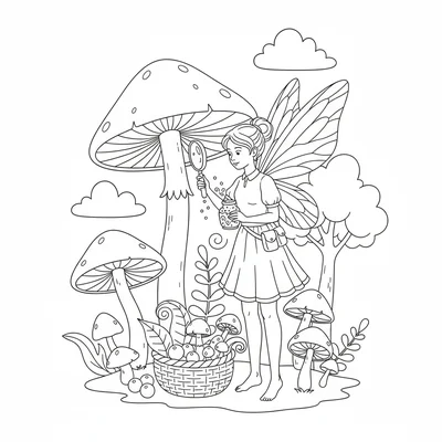 A fairy botanist collecting pollen from oversized mushroom caps into tiny jars coloring page