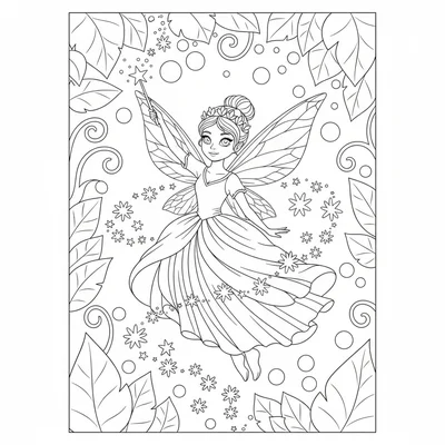 A fairy casting a spell, wand raised, a trail of sparkling stars spiraling coloring page
