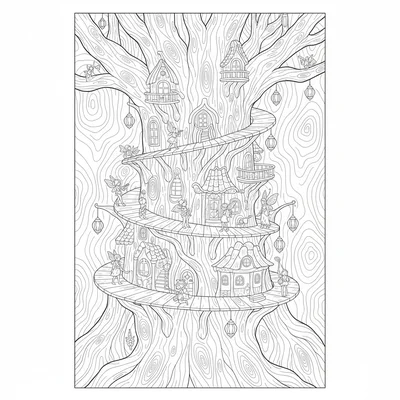 A fairy city inside a giant hollow redwood tree, with multiple levels of carved coloring page