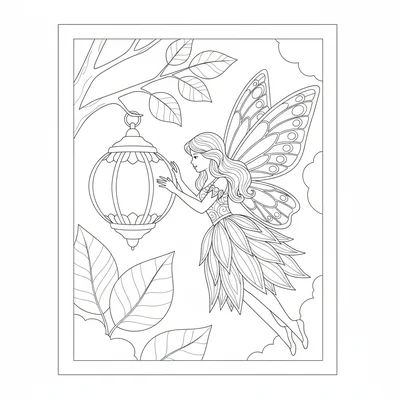A fairy hovering near a large glowing lantern, wings beating, one hand reaching coloring page