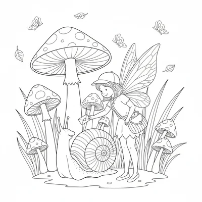 A fairy mail carrier delivering a tiny letter to a snail, the snail peeking out coloring page