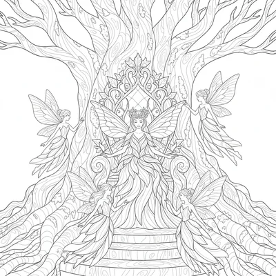 A fairy queen's throne room carved into the hollow of an enormous ancient tree coloring page