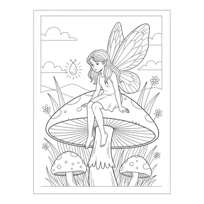 A fairy resting on a large open mushroom cap, wings folded against her back coloring page