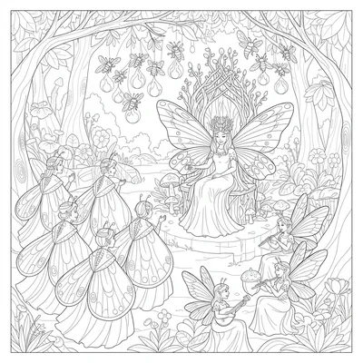A fairy royal court celebration in a forest glade at dusk coloring page