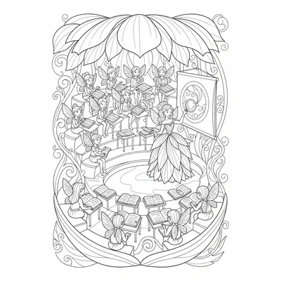 A fairy school in a large flower, with rows of tiny fairies in leaf tunics coloring page