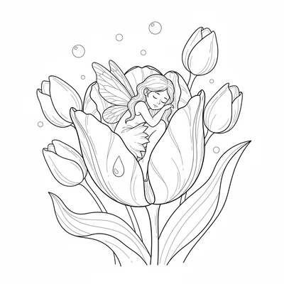 A fairy sleeping inside a large tulip flower, curled up with wings folded coloring page