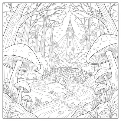 A fairy tale forest path at night with glowing mushrooms lining each side coloring page