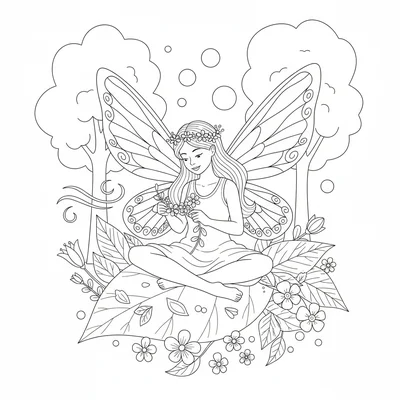 A fairy weaving flowers into a crown, seated cross-legged on a large leaf coloring page