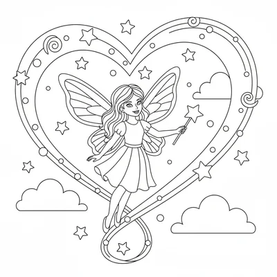 A fairy with a star-shaped wand leaving a glowing trail as it loops through coloring page