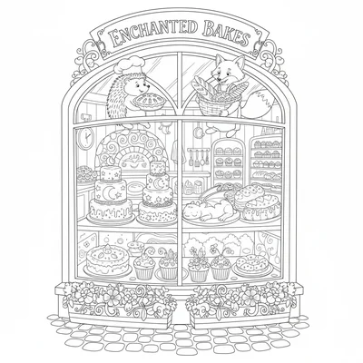 A fairytale bakery run by a hedgehog and a fox, the shop front showing coloring page