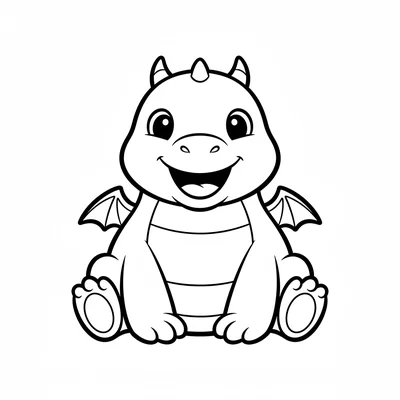 A fat baby dragon sitting with its round belly facing forward, four stubby legs coloring page