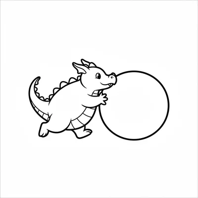 A fat little dragon rolling a large ball forward with its snout, four legs coloring page