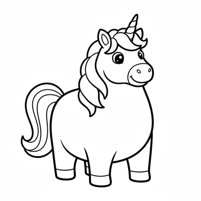 A fat unicorn with an oversized round body and stubby legs, large mane in 4 big coloring page