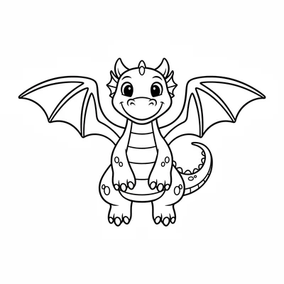 A friendly dragon flying straight forward with wings spread wide, four legs coloring page