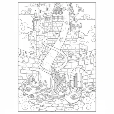 A giant's castle at the top of a beanstalk, clouds surrounding the base coloring page
