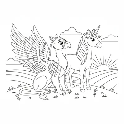 A griffin and a unicorn standing together on a hilltop, the griffin seated coloring page