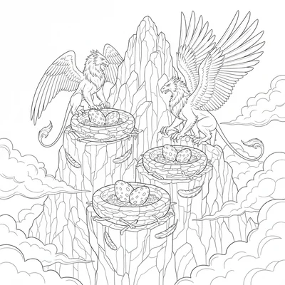 A griffin eyrie on a mountaintop with several large stone nests, eggs in each coloring page
