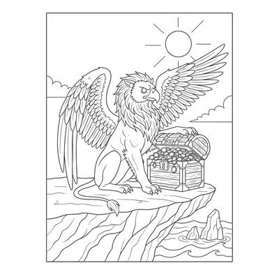 A griffin guarding a large wooden treasure chest on a cliff ledge, sitting coloring page