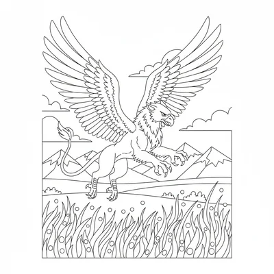 A griffin hunting over an open plain, wings spread wide, talons extended coloring page