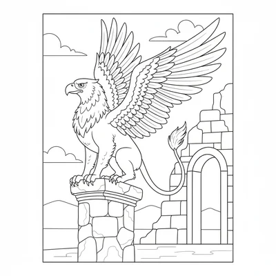 A griffin perched on top of a stone column, wings slightly spread for balance coloring page