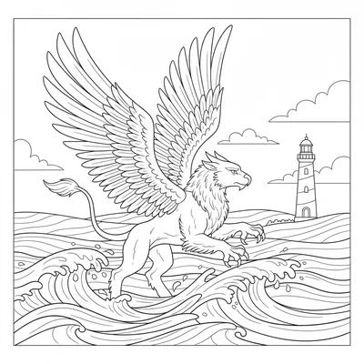 A griffin soaring above open ocean waves, talons skimming the surface, wings coloring page