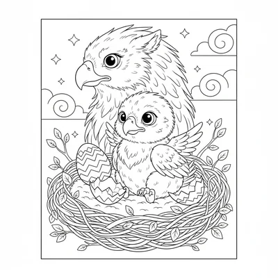 A gryphon chick that has just hatched, small and fluffy with oversized eagle coloring page