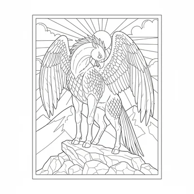 A hippogriff preening its eagle wing, neck craned to reach the wing tip coloring page