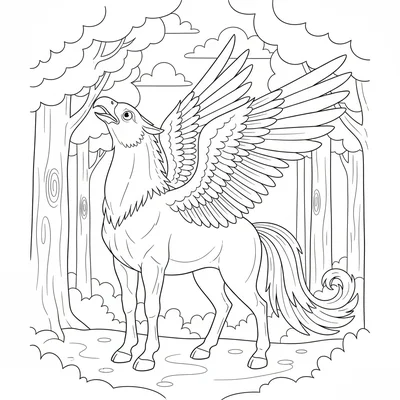 A hippogriff standing at the edge of a forest, eagle head raised toward coloring page