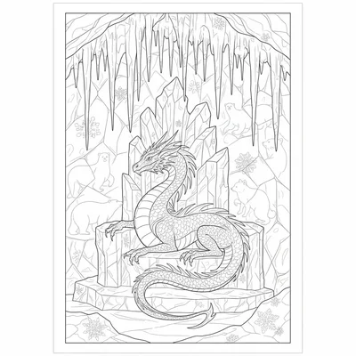 An ice dragon in an arctic glacier palace, its massive body resting on an ice coloring page