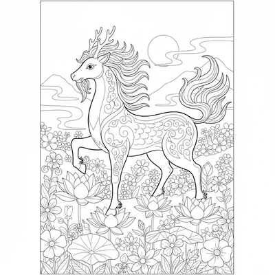 A kirin standing in a field of wildflowers, each hoof resting on a lotus coloring page