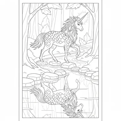 A kirin stepping over a stream using strategically placed stepping stones, horn coloring page