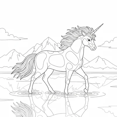 A kirin walking across a calm lake surface, its hooves just skimming the water coloring page