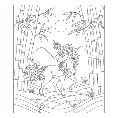 A kirin walking through a bamboo grove, single horn glowing softly, hooves coloring page