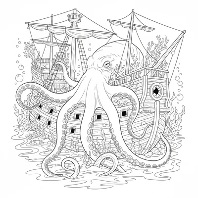 A kraken ascending from the deep to investigate an ancient sunken galleon, its coloring page